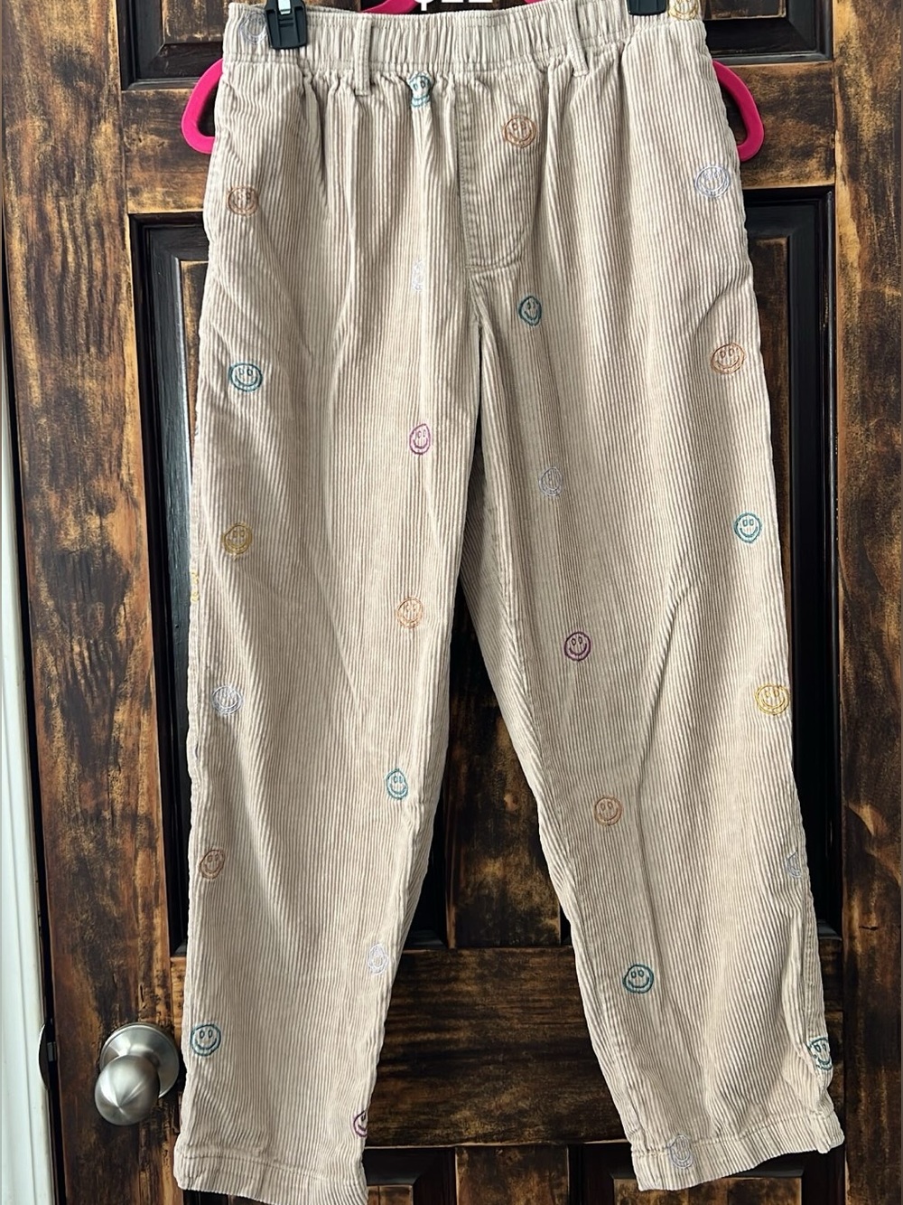 Beige Corduroy Pants with Multicolor Smile Embroidery